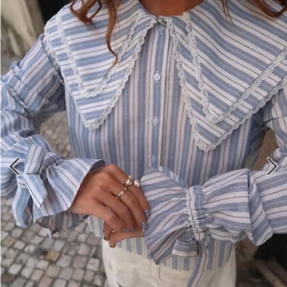 ASOS Striped Lace-Trim collar  Button-Up Top in Light Blue